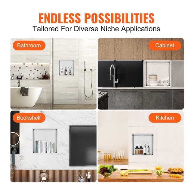 33.02 x 33.02 cm No Tile Shower Niche 304 Stainless Steel, Wall-Inserted Niche Recessed Double Shelves, Sealed Waterproof Rust-Resistant Modern Niche for Shower Bathroom Soap Storage, Silver