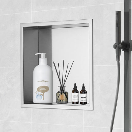 33.02 x 33.02 cm No Tile Shower Niche 304 Stainless Steel, Wall-Inserted Niche Recessed Double Shelves, Sealed Waterproof Rust-Resistant Modern Niche for Shower Bathroom Soap Storage, Silver