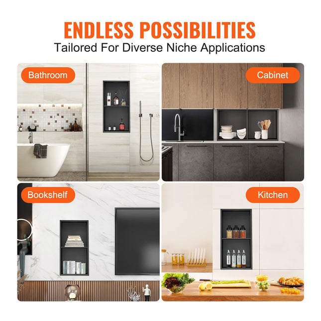 33.02 x 63.5 cm No Tile Shower Niche 304 Stainless Steel, Wall-Inserted Niche Recessed Double Shelves, Sealed Waterproof Rust-Resistant Modern Niche for Shower or Soap Storage Bathroom