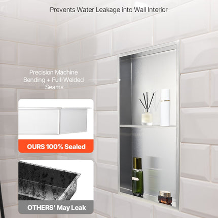 Shower Niche, 33.0 x 63.5 x 10.2 cm Recessed Wall Niche Double-layer, with Hollowed-out Divider, Heavy-duty Stainless Steel Modern Shampoo Storage Organizer, Waterproof, Silver for Bathroom