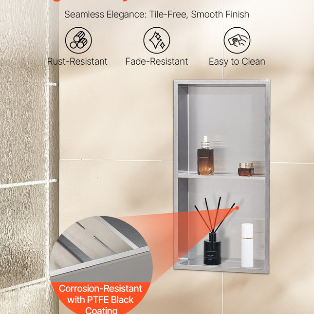 Shower Niche, 33.0 x 63.5 x 10.2 cm Recessed Wall Niche Double-layer, with Hollowed-out Divider, Heavy-duty Stainless Steel Modern Shampoo Storage Organizer, Waterproof, Silver for Bathroom