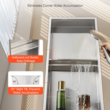 Shower Niche, 33.0 x 63.5 x 10.2 cm Recessed Wall Niche Double-layer, with Hollowed-out Divider, Heavy-duty Stainless Steel Modern Shampoo Storage Organizer, Waterproof, Silver for Bathroom