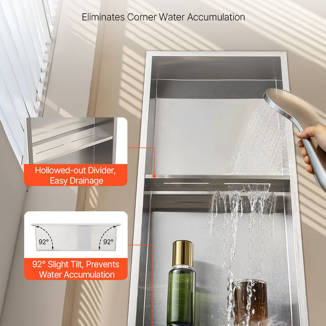 Shower Niche, 33.0 x 63.5 x 10.2 cm Recessed Wall Niche Double-layer, with Hollowed-out Divider, Heavy-duty Stainless Steel Modern Shampoo Storage Organizer, Waterproof, Silver for Bathroom