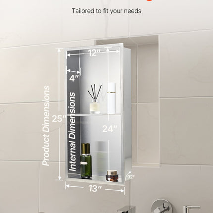 Shower Niche, 33.0 x 63.5 x 10.2 cm Recessed Wall Niche Double-layer, with Hollowed-out Divider, Heavy-duty Stainless Steel Modern Shampoo Storage Organizer, Waterproof, Silver for Bathroom