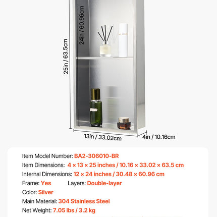 Shower Niche, 33.0 x 63.5 x 10.2 cm Recessed Wall Niche Double-layer, with Hollowed-out Divider, Heavy-duty Stainless Steel Modern Shampoo Storage Organizer, Waterproof, Silver for Bathroom