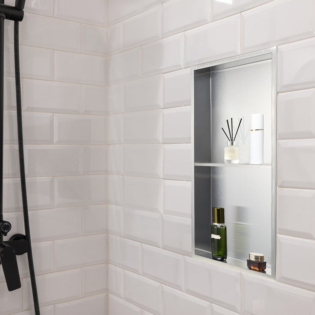 Shower Niche, 33.0 x 63.5 x 10.2 cm Recessed Wall Niche Double-layer, with Hollowed-out Divider, Heavy-duty Stainless Steel Modern Shampoo Storage Organizer, Waterproof, Silver for Bathroom
