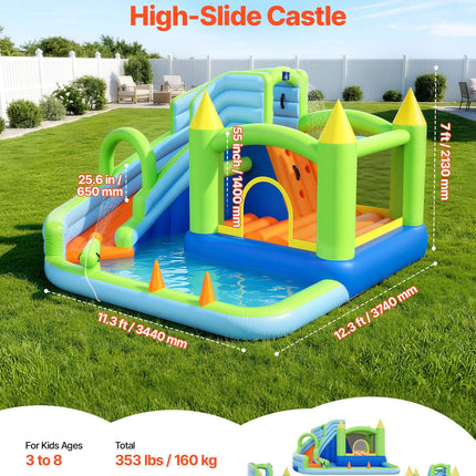 Inflatable Bounce House, 3.4 x 3.74 x 2.13 m Inflatable Bounce House Water Slide, Bouncer Castle with Castle Bounces, Basketball Hoop, Splash Pool & Water Ring Toss, for 3 to 4 Kids Ages 3 to 8