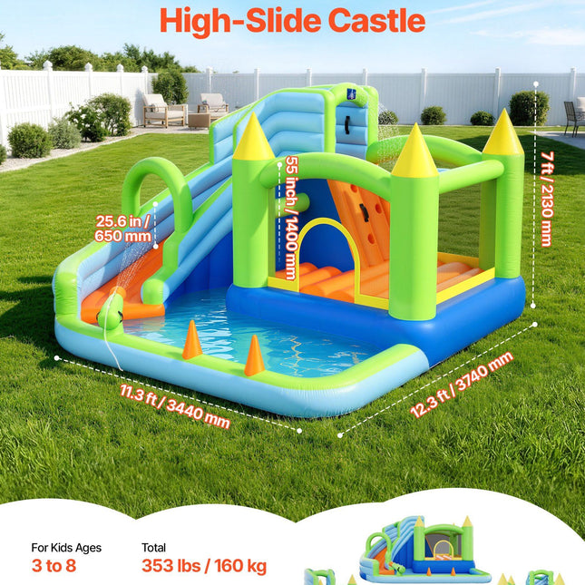 Inflatable Bounce House, 3.4 x 3.74 x 2.13 m Inflatable Bounce House Water Slide, Bouncer Castle with Castle Bounces, Basketball Hoop, Splash Pool & Water Ring Toss, for 3 to 4 Kids Ages 3 to 8