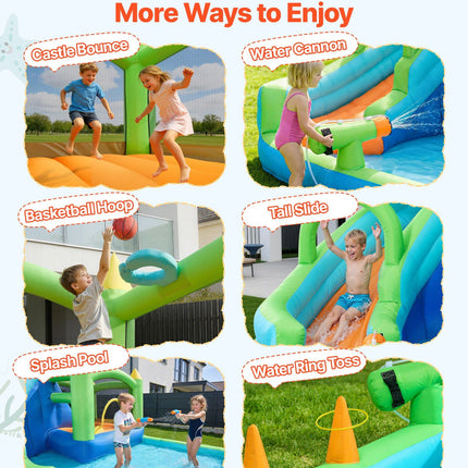 Inflatable Bounce House, 3.4 x 3.74 x 2.13 m Inflatable Bounce House Water Slide, Bouncer Castle with Castle Bounces, Basketball Hoop, Splash Pool & Water Ring Toss, for 3 to 4 Kids Ages 3 to 8