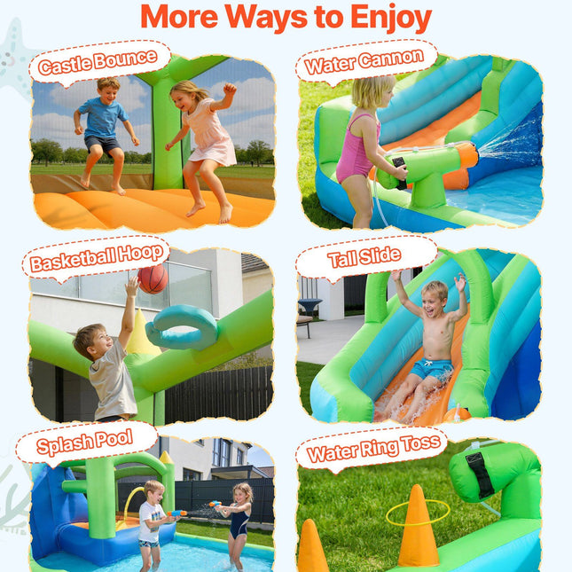 Inflatable Bounce House, 3.4 x 3.74 x 2.13 m Inflatable Bounce House Water Slide, Bouncer Castle with Castle Bounces, Basketball Hoop, Splash Pool & Water Ring Toss, for 3 to 4 Kids Ages 3 to 8