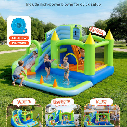 Inflatable Bounce House, 3.4 x 3.74 x 2.13 m Inflatable Bounce House Water Slide, Bouncer Castle with Castle Bounces, Basketball Hoop, Splash Pool & Water Ring Toss, for 3 to 4 Kids Ages 3 to 8