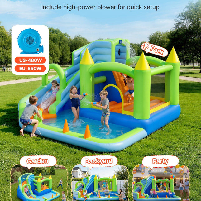 Inflatable Bounce House, 3.4 x 3.74 x 2.13 m Inflatable Bounce House Water Slide, Bouncer Castle with Castle Bounces, Basketball Hoop, Splash Pool & Water Ring Toss, for 3 to 4 Kids Ages 3 to 8