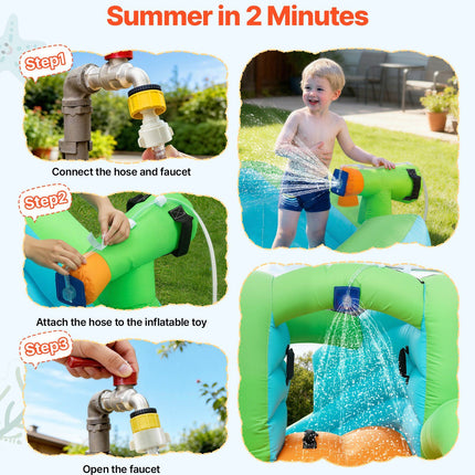 Inflatable Bounce House, 3.4 x 3.74 x 2.13 m Inflatable Bounce House Water Slide, Bouncer Castle with Castle Bounces, Basketball Hoop, Splash Pool & Water Ring Toss, for 3 to 4 Kids Ages 3 to 8