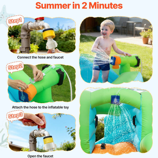 Inflatable Bounce House, 3.4 x 3.74 x 2.13 m Inflatable Bounce House Water Slide, Bouncer Castle with Castle Bounces, Basketball Hoop, Splash Pool & Water Ring Toss, for 3 to 4 Kids Ages 3 to 8