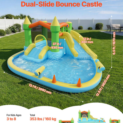 Inflatable Bounce House, 3.82 x 3.98 x 1.97 m Inflatable Bounce House Water Slide, Bouncer Castle with Castle Bounces, Basketball Hoop, Splash Pool & Water Ring Toss, for 3 to 4 Kids Ages 3 to 8