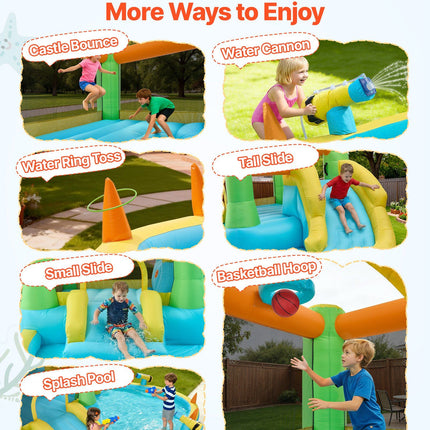 Inflatable Bounce House, 3.82 x 3.98 x 1.97 m Inflatable Bounce House Water Slide, Bouncer Castle with Castle Bounces, Basketball Hoop, Splash Pool & Water Ring Toss, for 3 to 4 Kids Ages 3 to 8