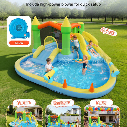Inflatable Bounce House, 3.82 x 3.98 x 1.97 m Inflatable Bounce House Water Slide, Bouncer Castle with Castle Bounces, Basketball Hoop, Splash Pool & Water Ring Toss, for 3 to 4 Kids Ages 3 to 8