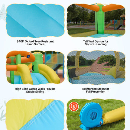 Inflatable Bounce House, 3.82 x 3.98 x 1.97 m Inflatable Bounce House Water Slide, Bouncer Castle with Castle Bounces, Basketball Hoop, Splash Pool & Water Ring Toss, for 3 to 4 Kids Ages 3 to 8