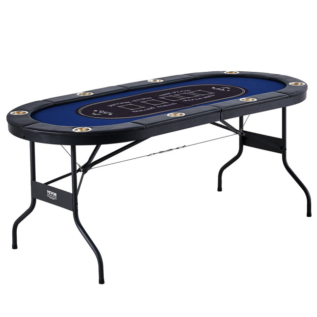 VEVOR 8 Player Foldable Poker Table, Blackjack Texas Holdem Poker Table with Padded Rails and Stainless Steel Cup Holders, Portable Folding Card Board Game Table,183cm Oval Casino Leisure Table, Blue
