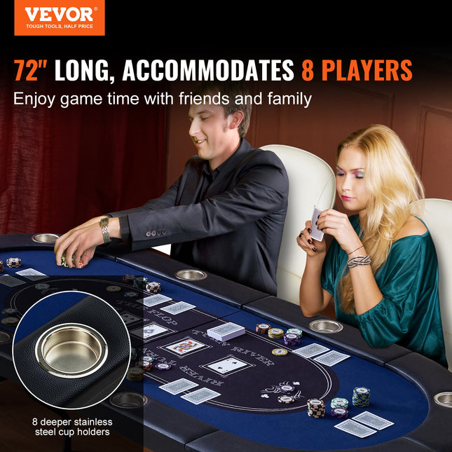 VEVOR 8 Player Foldable Poker Table, Blackjack Texas Holdem Poker Table with Padded Rails and Stainless Steel Cup Holders, Portable Folding Card Board Game Table,183cm Oval Casino Leisure Table, Blue