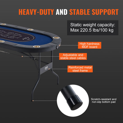 VEVOR 8 Player Foldable Poker Table, Blackjack Texas Holdem Poker Table with Padded Rails and Stainless Steel Cup Holders, Portable Folding Card Board Game Table,183cm Oval Casino Leisure Table, Blue