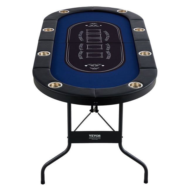 VEVOR 8 Player Foldable Poker Table, Blackjack Texas Holdem Poker Table with Padded Rails and Stainless Steel Cup Holders, Portable Folding Card Board Game Table,183cm Oval Casino Leisure Table, Blue