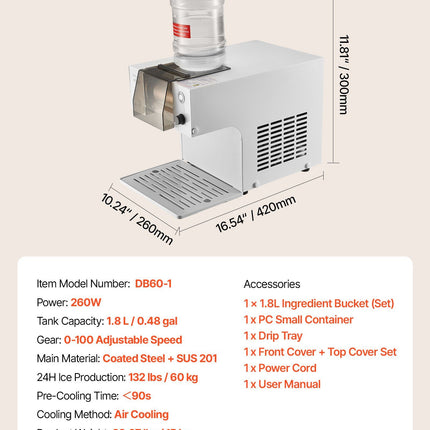 Snowflake Ice Machine, 60KG/24H Snowflake Ice Maker, Ice-Shaver Machine with Stainless Steel Blade, Electric Snow Cone Maker with 1.8L Tank, 90S Fast Pre-Cooling, for Home & Small Gatherings