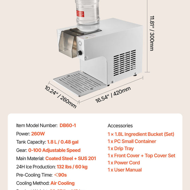 Snowflake Ice Machine, 60KG/24H Snowflake Ice Maker, Ice-Shaver Machine with Stainless Steel Blade, Electric Snow Cone Maker with 1.8L Tank, 90S Fast Pre-Cooling, for Home & Small Gatherings