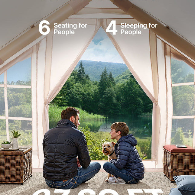 Inflatable Tents for Camping, 4-6 Person Easy Setup Blow up Tent with Hand Pump, 300D Oxford 4 Season Glamping Tent with Stove Jack 2 Doors & 4 Mesh Windows, Storage Bag Included for Easy Taking