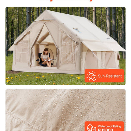 Inflatable Tents for Camping, 4-6 Person Easy Setup Blow up Tent with Hand Pump, 300D Oxford 4 Season Glamping Tent with Stove Jack 2 Doors & 4 Mesh Windows, Storage Bag Included for Easy Taking