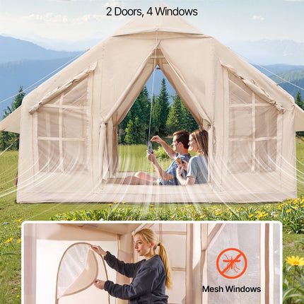 Inflatable Tents for Camping, 4-6 Person Easy Setup Blow up Tent with Hand Pump, 300D Oxford 4 Season Glamping Tent with Stove Jack 2 Doors & 4 Mesh Windows, Storage Bag Included for Easy Taking
