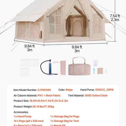 Inflatable Tents for Camping, 4-6 Person Easy Setup Blow up Tent with Hand Pump, 300D Oxford 4 Season Glamping Tent with Stove Jack 2 Doors & 4 Mesh Windows, Storage Bag Included for Easy Taking