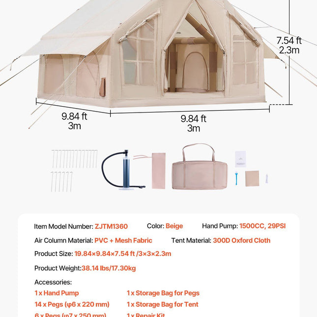 Inflatable Tents for Camping, 4-6 Person Easy Setup Blow up Tent with Hand Pump, 300D Oxford 4 Season Glamping Tent with Stove Jack 2 Doors & 4 Mesh Windows, Storage Bag Included for Easy Taking