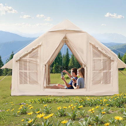 Inflatable Tents for Camping, 4-6 Person Easy Setup Blow up Tent with Hand Pump, 300D Oxford 4 Season Glamping Tent with Stove Jack 2 Doors & 4 Mesh Windows, Storage Bag Included for Easy Taking