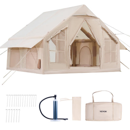 Inflatable Tents for Camping, 4-6 Person Easy Setup Blow up Tent with Hand Pump, 300D Oxford 4 Season Glamping Tent with Stove Jack 2 Doors & 4 Mesh Windows, Storage Bag Included for Easy Taking