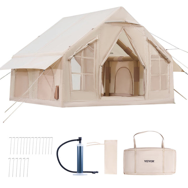 Inflatable Tents for Camping, 4-6 Person Easy Setup Blow up Tent with Hand Pump, 300D Oxford 4 Season Glamping Tent with Stove Jack 2 Doors & 4 Mesh Windows, Storage Bag Included for Easy Taking