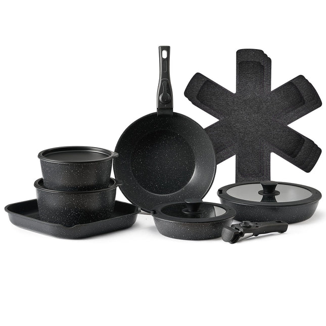 17 Piece Pots and Pans Set, Granite Nonstick Detachable Handle Cookware, Space Saving Induction Cookwares, Kitchen RV Cooking Sets with Frying, Sauce, Saute, Tempered Glass Lid, Oven Safe, Black