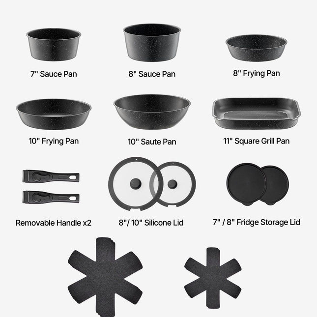 17 Piece Pots and Pans Set, Granite Nonstick Detachable Handle Cookware, Space Saving Induction Cookwares, Kitchen RV Cooking Sets with Frying, Sauce, Saute, Tempered Glass Lid, Oven Safe, Black