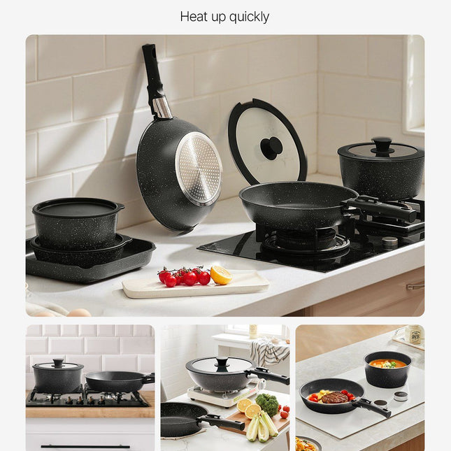 17 Piece Pots and Pans Set, Granite Nonstick Detachable Handle Cookware, Space Saving Induction Cookwares, Kitchen RV Cooking Sets with Frying, Sauce, Saute, Tempered Glass Lid, Oven Safe, Black