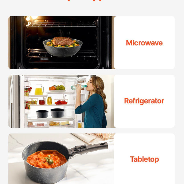 17 Piece Pots and Pans Set, Granite Nonstick Detachable Handle Cookware, Space Saving Induction Cookwares, Kitchen RV Cooking Sets with Frying, Sauce, Saute, Tempered Glass Lid, Oven Safe, Black