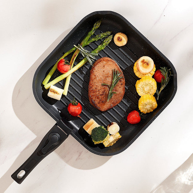 17 Piece Pots and Pans Set, Granite Nonstick Detachable Handle Cookware, Space Saving Induction Cookwares, Kitchen RV Cooking Sets with Frying, Sauce, Saute, Tempered Glass Lid, Oven Safe, Black
