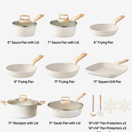 19 Piece Pots and Pans Set Nonstick, Granite Cookware Set, Induction Cookwares, Kitchen RV Cooking Sets with Frying, Sauce, Saute, Tempered Glass Lids, and Pan Protectors, White