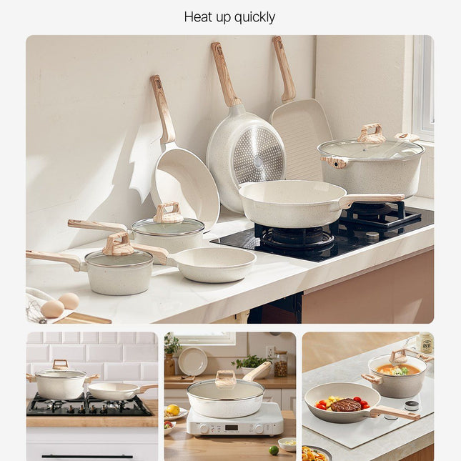 19 Piece Pots and Pans Set Nonstick, Granite Cookware Set, Induction Cookwares, Kitchen RV Cooking Sets with Frying, Sauce, Saute, Tempered Glass Lids, and Pan Protectors, White