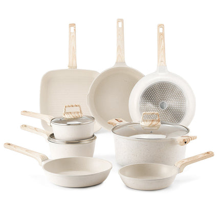 19 Piece Pots and Pans Set Nonstick, Granite Cookware Set, Induction Cookwares, Kitchen RV Cooking Sets with Frying, Sauce, Saute, Tempered Glass Lids, and Pan Protectors, White