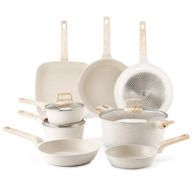 19 Piece Pots and Pans Set Nonstick, Granite Cookware Set, Induction Cookwares, Kitchen RV Cooking Sets with Frying, Sauce, Saute, Tempered Glass Lids, and Pan Protectors, White