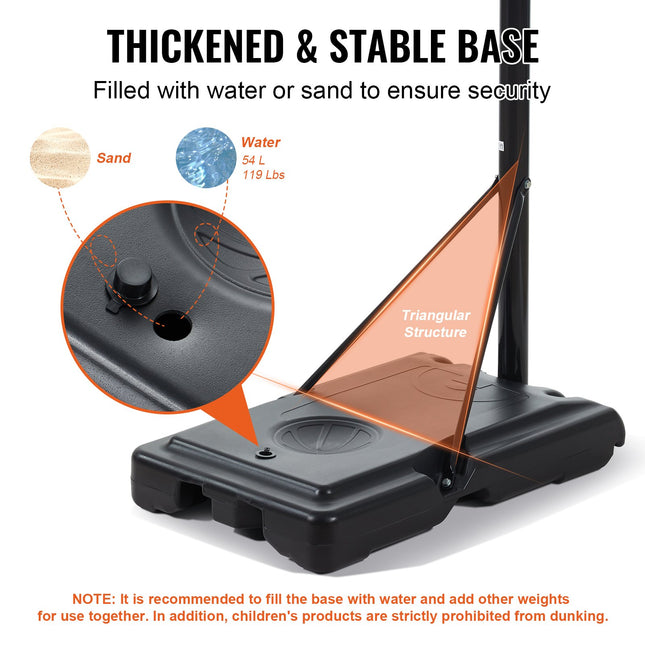 VEVOR Basketball Hoop, 4-10 ft Adjustable Height Portable Backboard System, 44 inch Basketball Hoop & Goal, Kids & Adults Basketball Set with Wheels, Stand, and Fillable Base, for Outdoor/Indoor