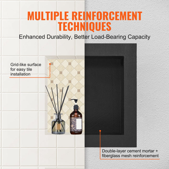 Shower Niche Ready for Tile 40.64 x 40.64 cm, Single Shelf Organizer, Square Corners Wall-inserted Niche Recessed, Sealed Protection Modern Soap Storage Niche for Shower Bathroom, Black