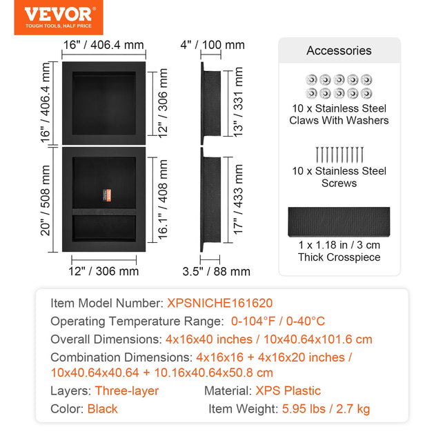 Shower Niche Ready for Tile 40.64x40.64cm & 40.64x50.8cm, Triple Shelf, Square Corners Wall-inserted Niche Recessed, Sealed Protection Modern Soap Storage Niche for Shower Bathroom, Black