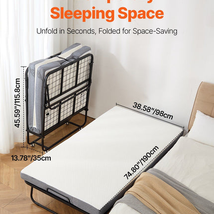 Rollaway Bed, 96.5 cm x 190 cm Folding Bed with 10 cm Mattress, Twin Size Foldable Bed with Sturdy Metal Frame & Memory Foam Mattress, Portable Roll Away Bed with Mattress, for Adults, Guest