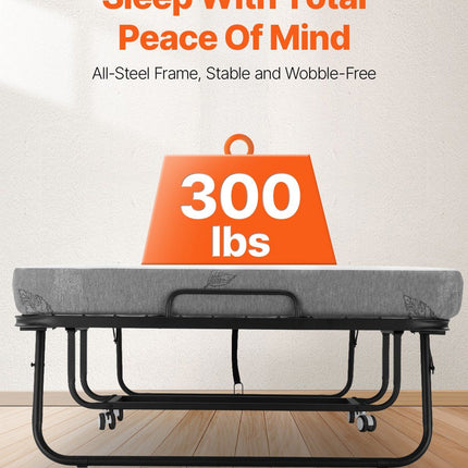 Rollaway Bed, 96.5 cm x 190 cm Folding Bed with 10 cm Mattress, Twin Size Foldable Bed with Sturdy Metal Frame & Memory Foam Mattress, Portable Roll Away Bed with Mattress, for Adults, Guest